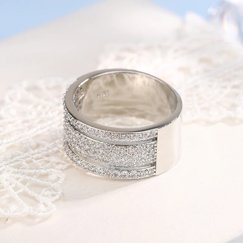 Ladies Silver Micro Pave Wheel Rhinestone Mid Cutout Band Party Ring