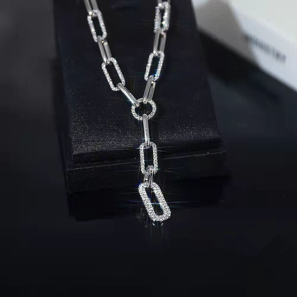Ladies Gold Silver Long Link Chain Rectangular Crystal Drop Pendant Necklace