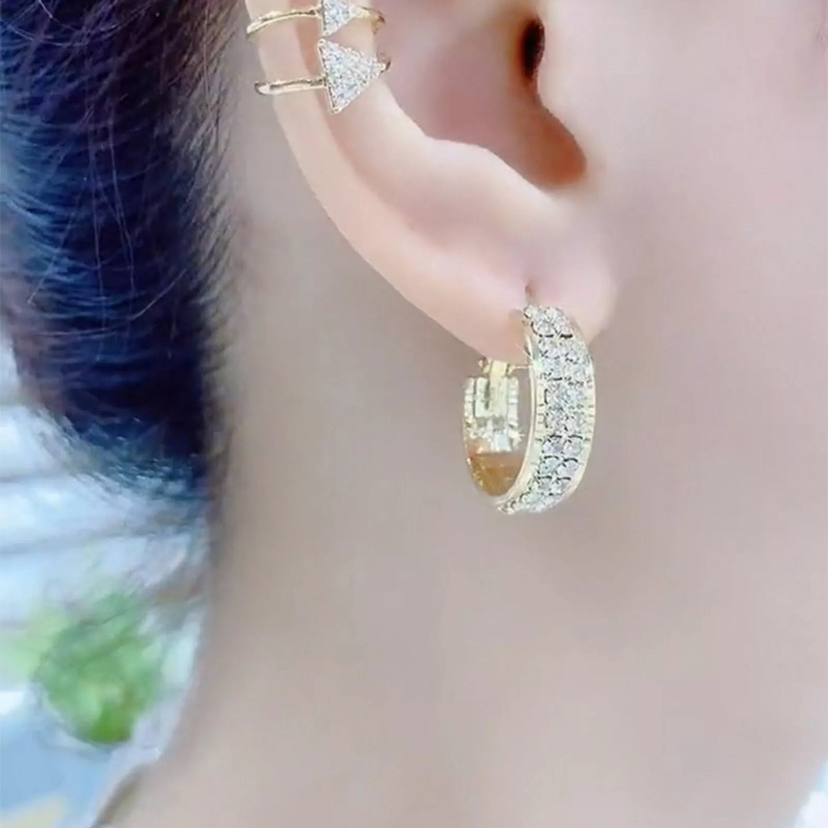 Ladies Medium Creole Dazzling Crystal Geometric Gold Plated Hoop Earrings