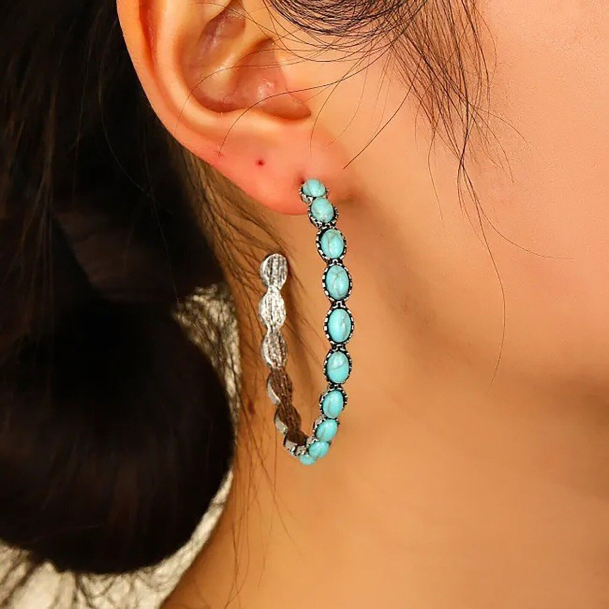 Ladies Large Big Sterling Silver Turquoise Beads Circle Hoop Stud Earring