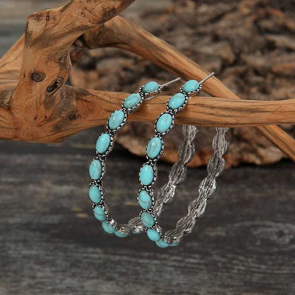 Ladies Large Big Sterling Silver Turquoise Beads Circle Hoop Stud Earring
