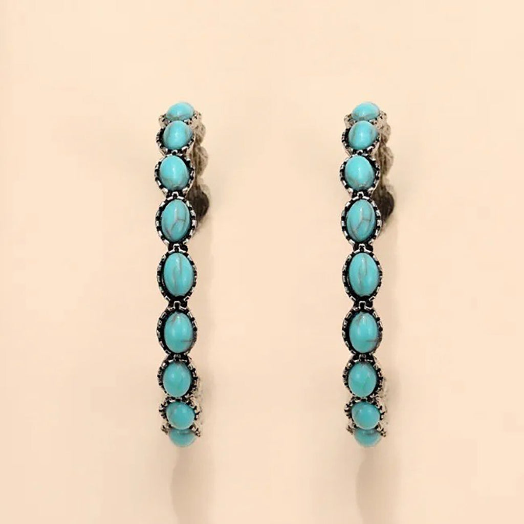 Ladies Large Big Sterling Silver Turquoise Beads Circle Hoop Stud Earring