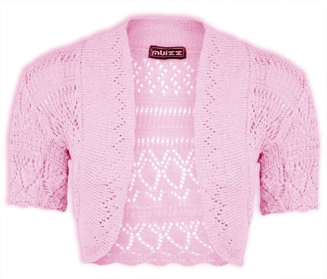 Girls Pink Crochet Knitted Bolero Shrugs Cardigan