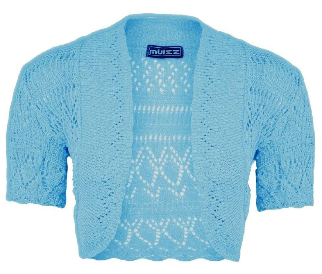Girls Blue Crochet Knitted Bolero Shrugs Cardigan