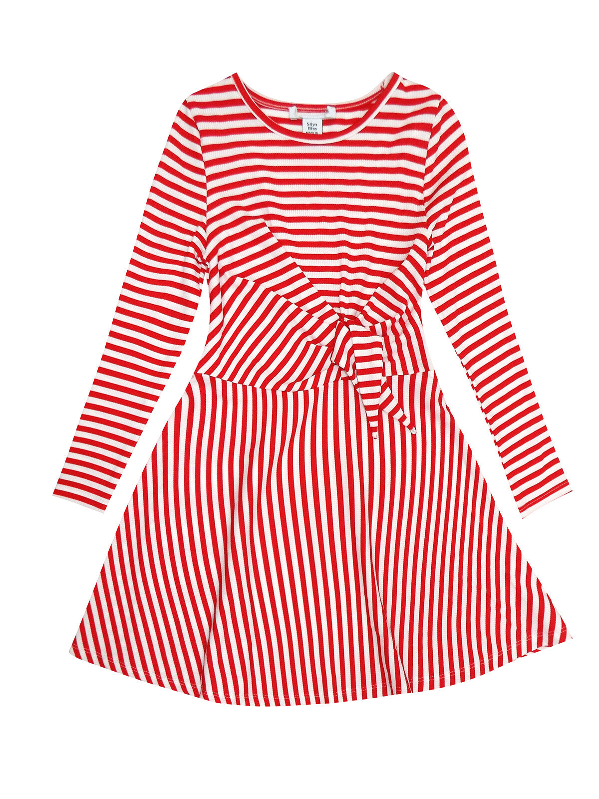 Girls Red White Stripe Waist Tie Textured Belt Long sleeve Skater Dress