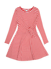 Load image into Gallery viewer, Girls Red White Stripe Waist Tie Textured Belt Long sleeve Skater Dress
