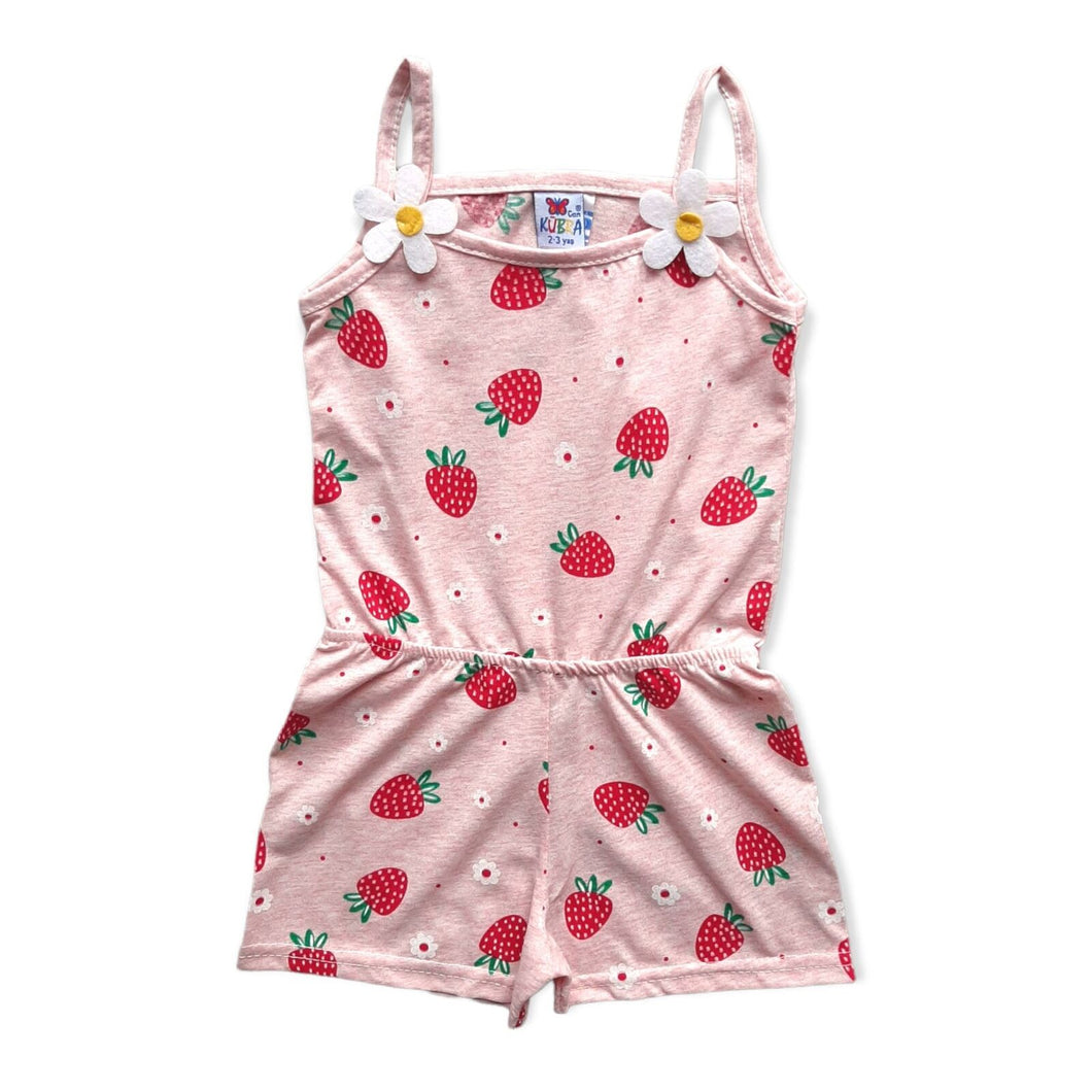 Girls Ivory Pink Strawberry Dot Print Cotton Playsuit