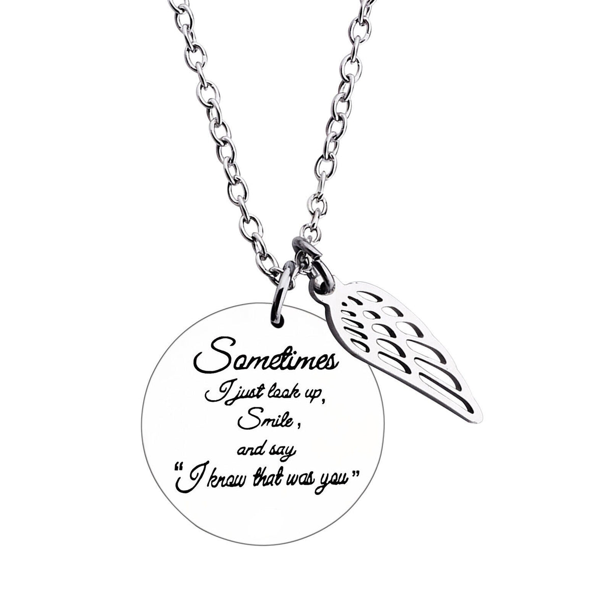 Unisex Silver "Sometimes I Just Look ..." Engraved Pendant Angel wings Necklace