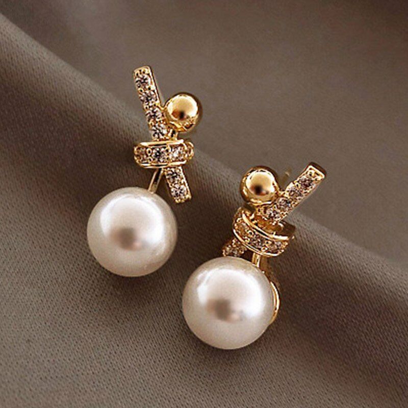 Ladies Gold Plated Sparkling Rhinestones Bowknot Simulated Pearl Stud Earrings