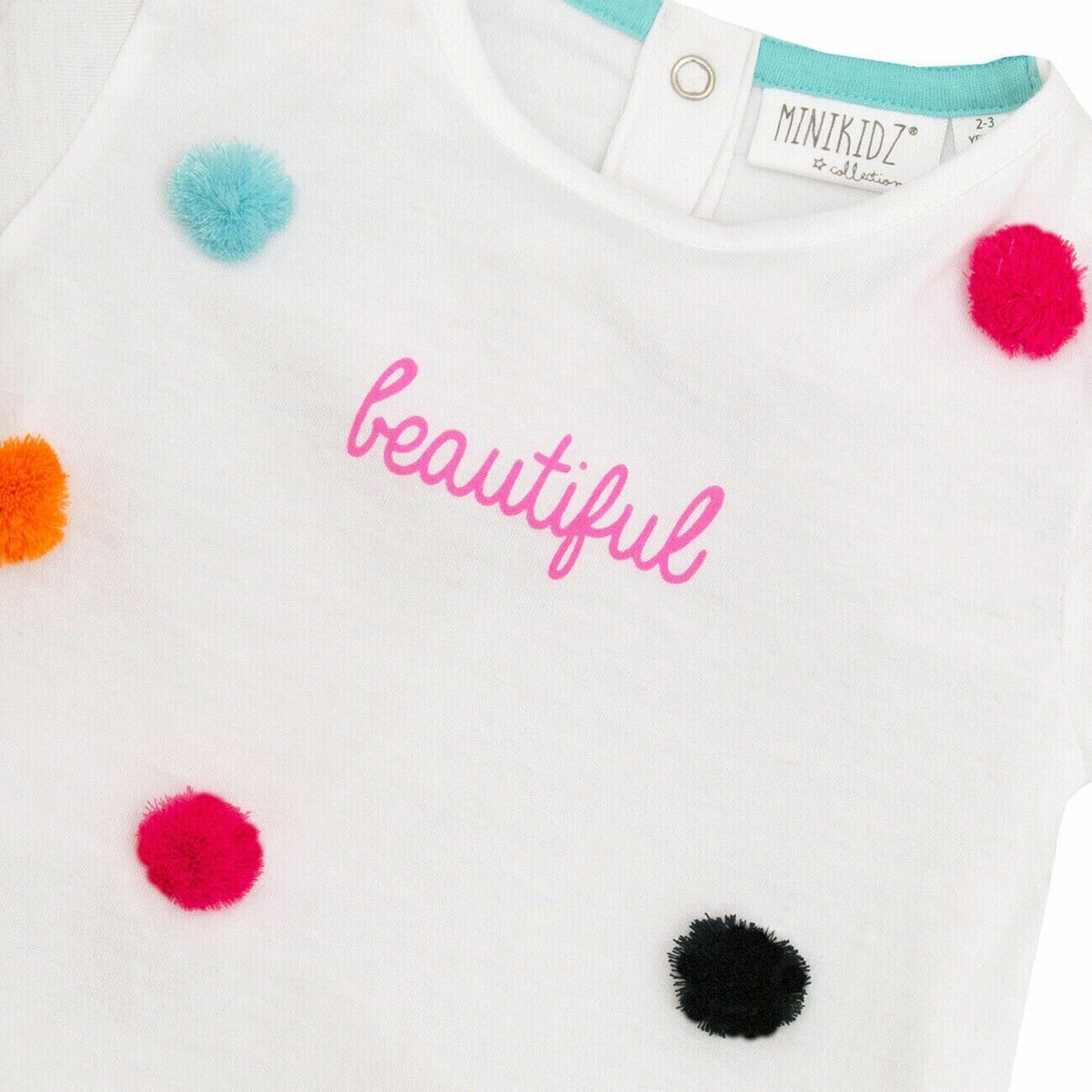 Girls MiniKidz White Multicolored Pom Pom Pure Cotton Top