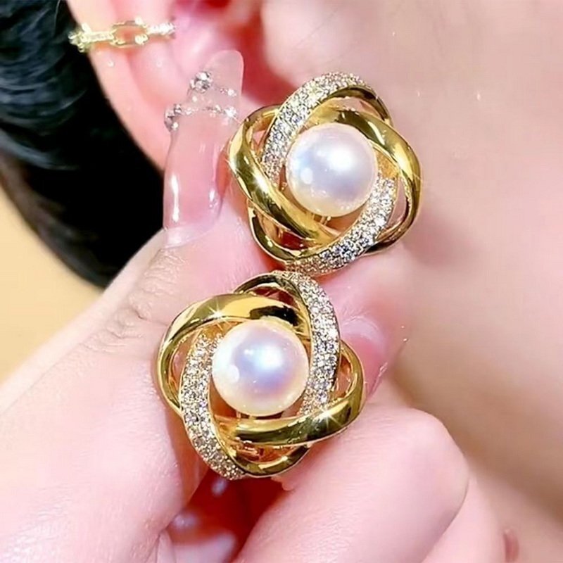 Ladies Gold Plated Simulated Pearls Flower Bud Spiral Crystal Push Back Earrings