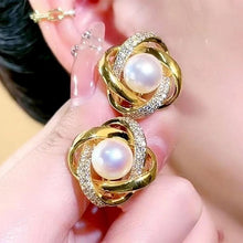Load image into Gallery viewer, Ladies Gold Plated Simulated Pearls Flower Bud Spiral Crystal Push Back Earrings
