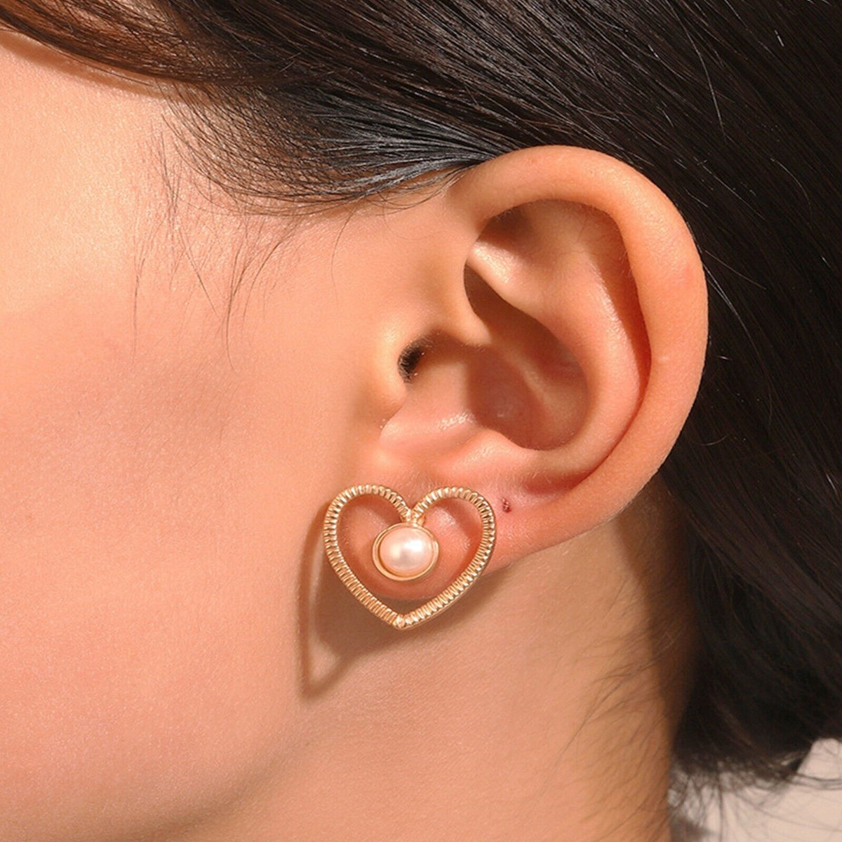 Ladies Gold Plated Heart Small Centred Pearl Stud Casual Earrings