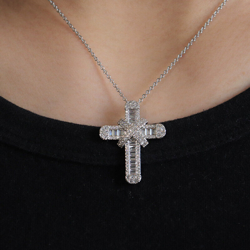 Unisex 925 Sterling Silver Cross Crystal Pendant & Chain