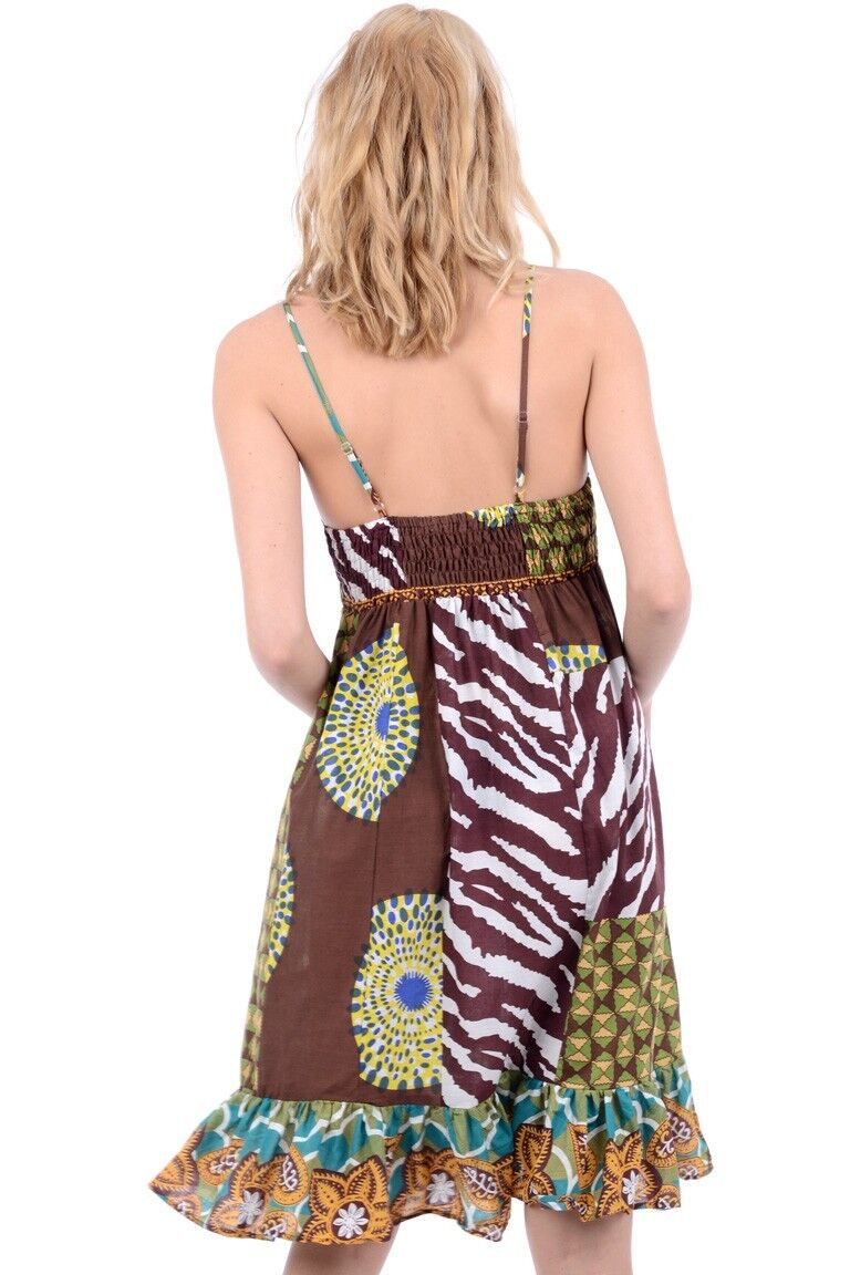Ladies Bohemian Brown & Pink Multi Print Strappy Dress