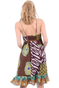 Ladies Bohemian Brown & Pink Multi Print Strappy Dress