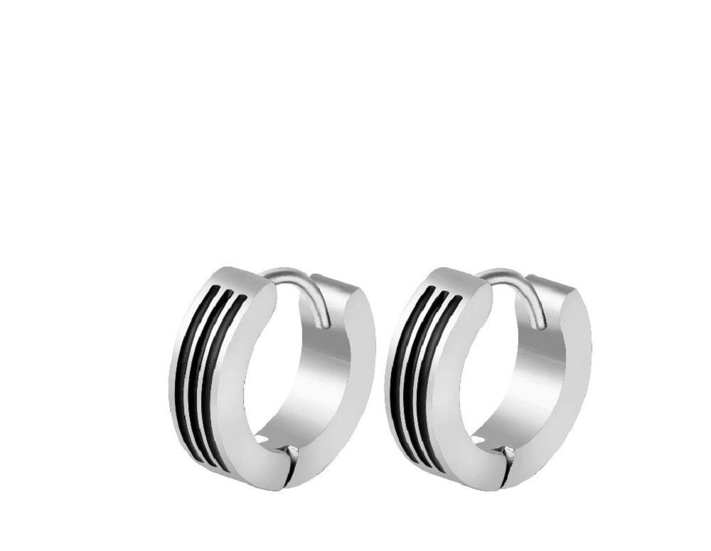Unisex Silver Black 3 Rows Middle Trim Anti-Allergic Titanium Small Hoop Earrings