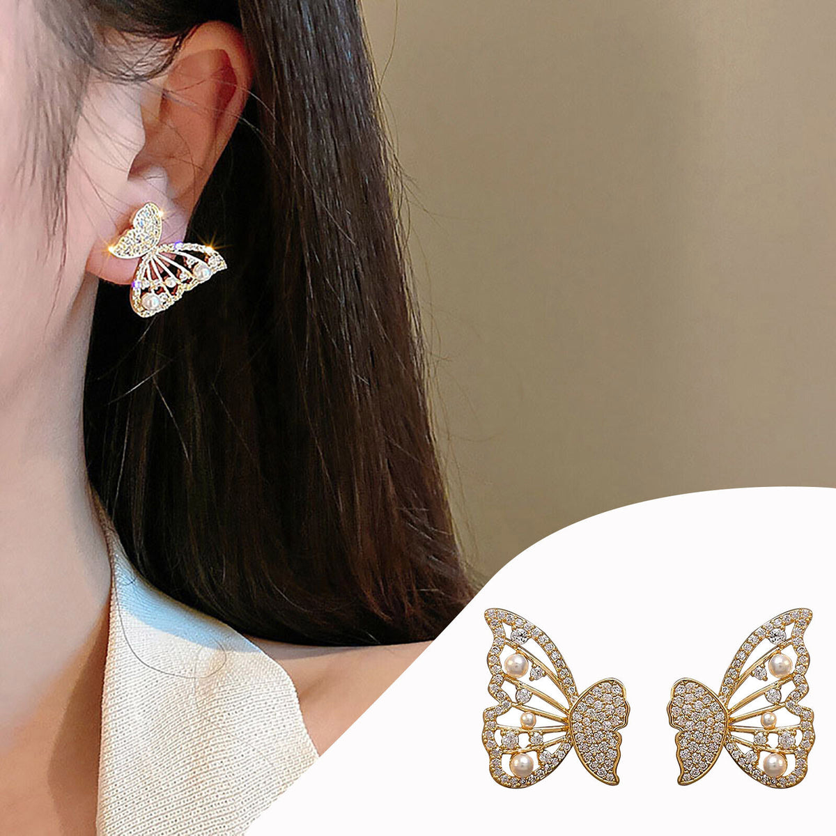 Ladies Gold Plated Butterfly Crystals Beads Inlaid Stud Earrings