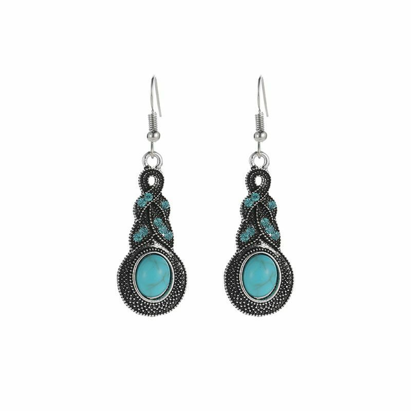 Ladies Ethnic Tibetan Silver Turquoise Crystal Dangling Earrings