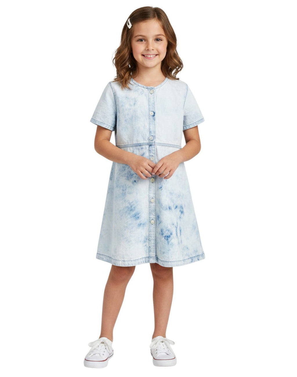 Girls Ice Blue Chambray Cotton Acid Wash Shortsleeve Dress