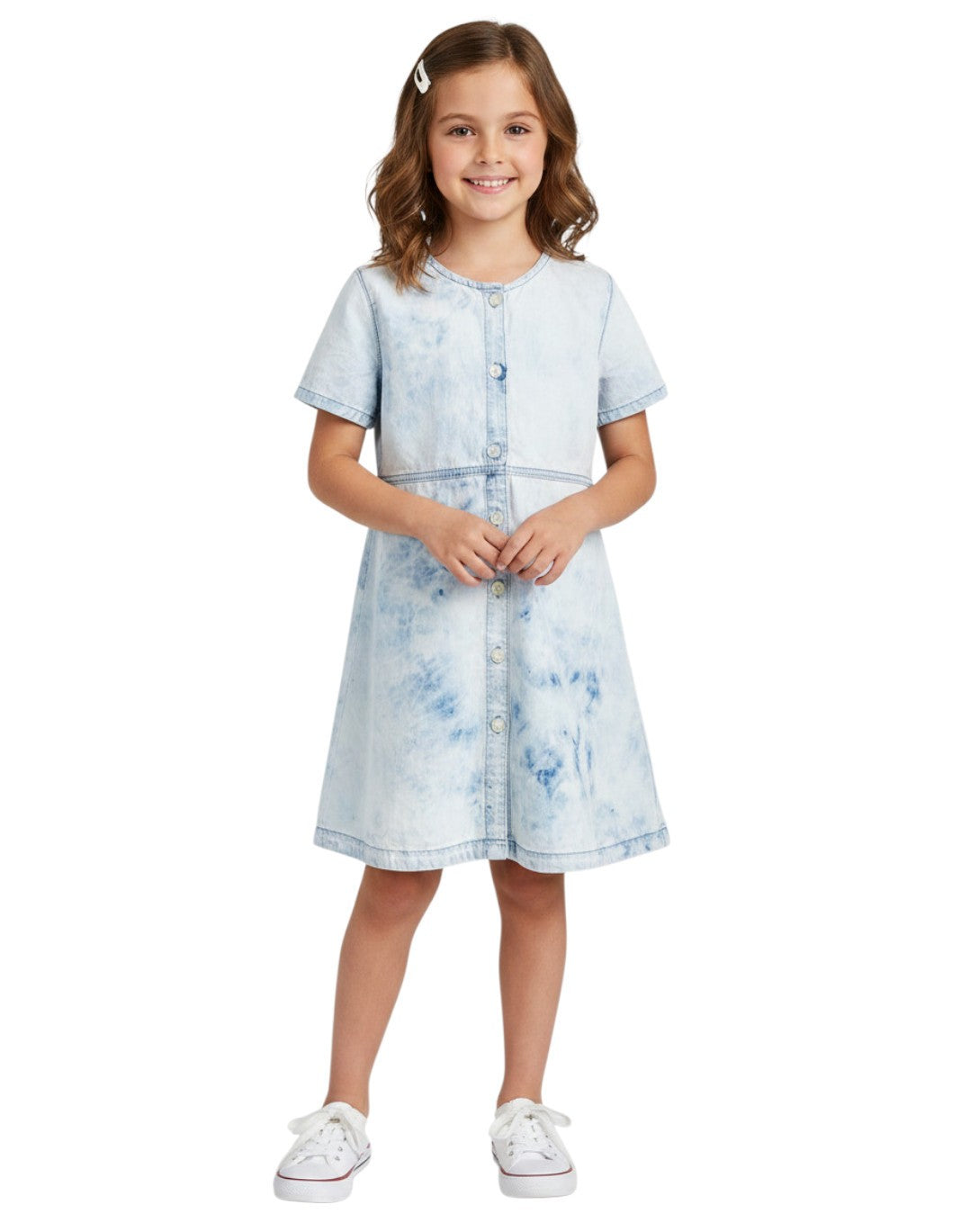 Girls Ice Blue Chambray Cotton Acid Wash Shortsleeve Dress