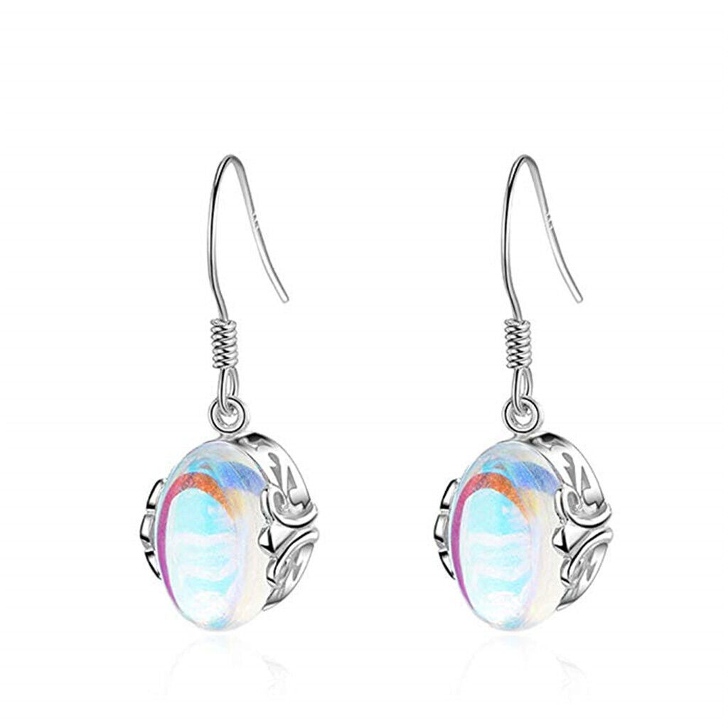 Ladies Silver Oval Moonstone Transparent Bead Silver Cutout Hook Earrings