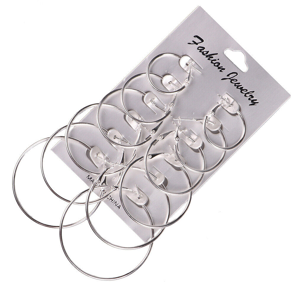 Ladies Girls Silver Round Smooth 6 Piece Hoop Earring Set