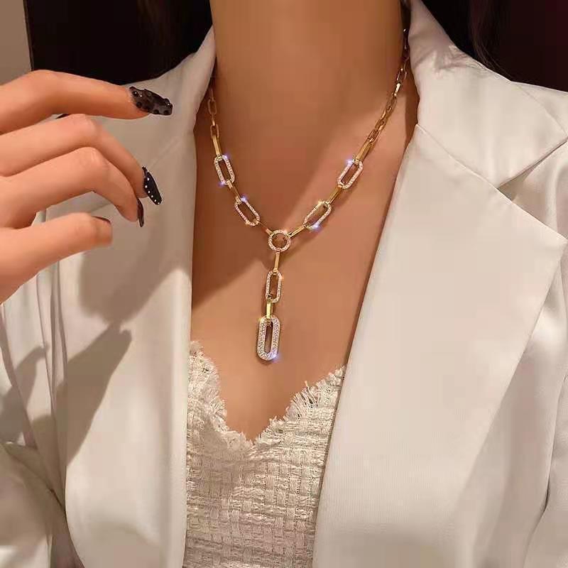 Ladies Gold Silver Long Link Chain Rectangular Crystal Drop Pendant Necklace