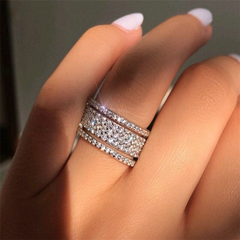 Ladies Silver Micro Pave Wheel Rhinestone Mid Cutout Band Party Ring