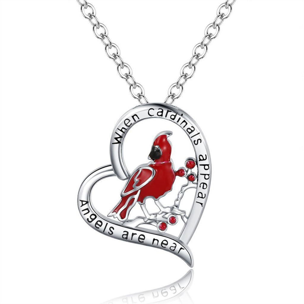 Silver necklaces with Cardinal Red Bird Heart Pendant