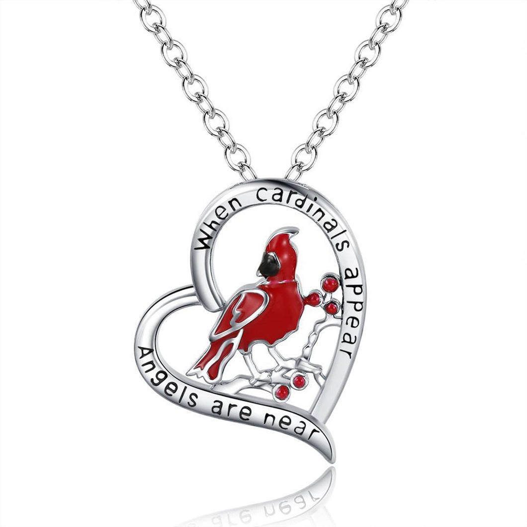 Silver necklaces with Cardinal Red Bird Heart Pendant