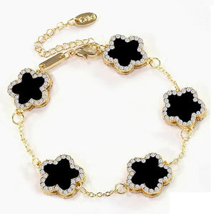 Ladies Gold Black Four Leaf Clover Crystal Link Chain Bracelets