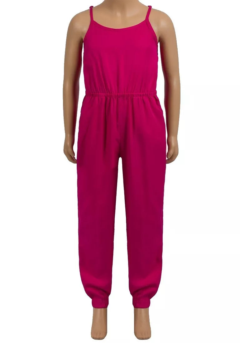 Girls Magenta Woven Adjustable spaghetti straps Elasticated Waist Jumpsuit
