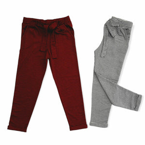 Girls Grey Red & Black Thin Check Print Belted Elasticated Waist Trousers