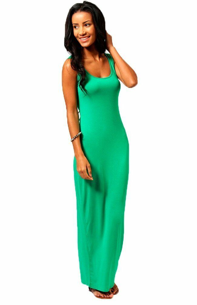 Ladies Green Plain Maxi Muscle Jersey Racer Back Dress