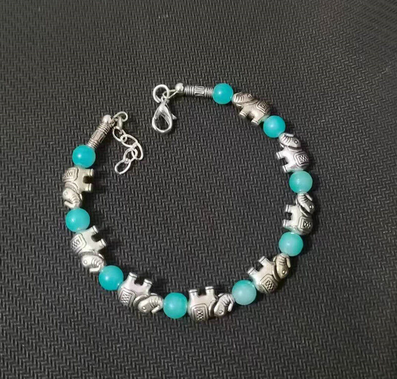 Ladies Silver Tibetan Elephant Sea Blue Brown Beads Bracelets