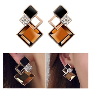 Ladies Gold Plated Brown Diamond Cut Crystal Over Layer Earrings