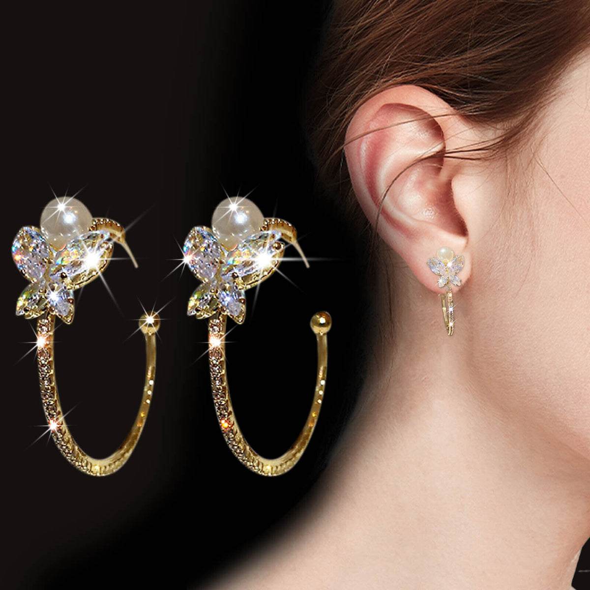 Ladies 18K Gold Plated C Shape Star Crystal Faux Pearl Hoop Stud Earring