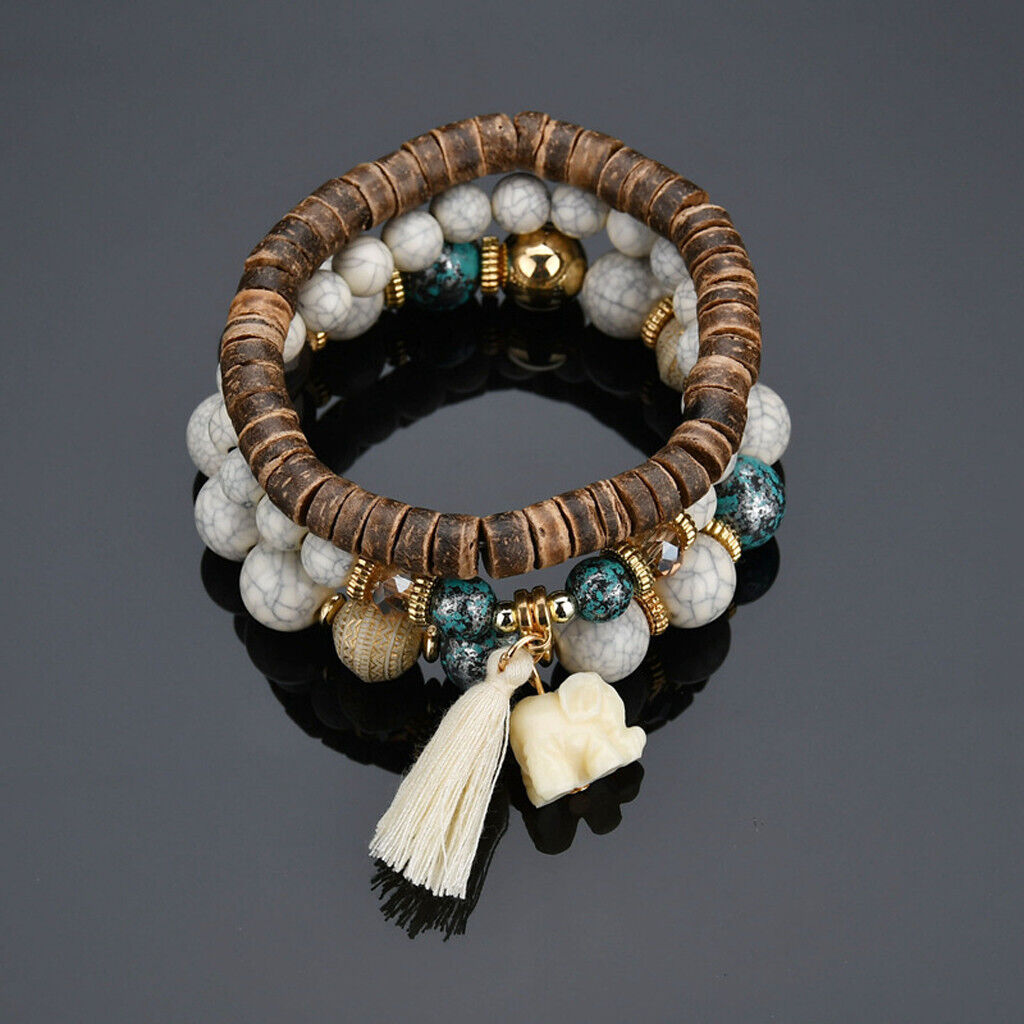 Ladies White Tassels Charm Elastic Beaded Chain 3Tier Bracelet