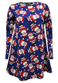 Girls Navy & Red Snowman Santa Claus Long Sleeve Swing Christmas Dress