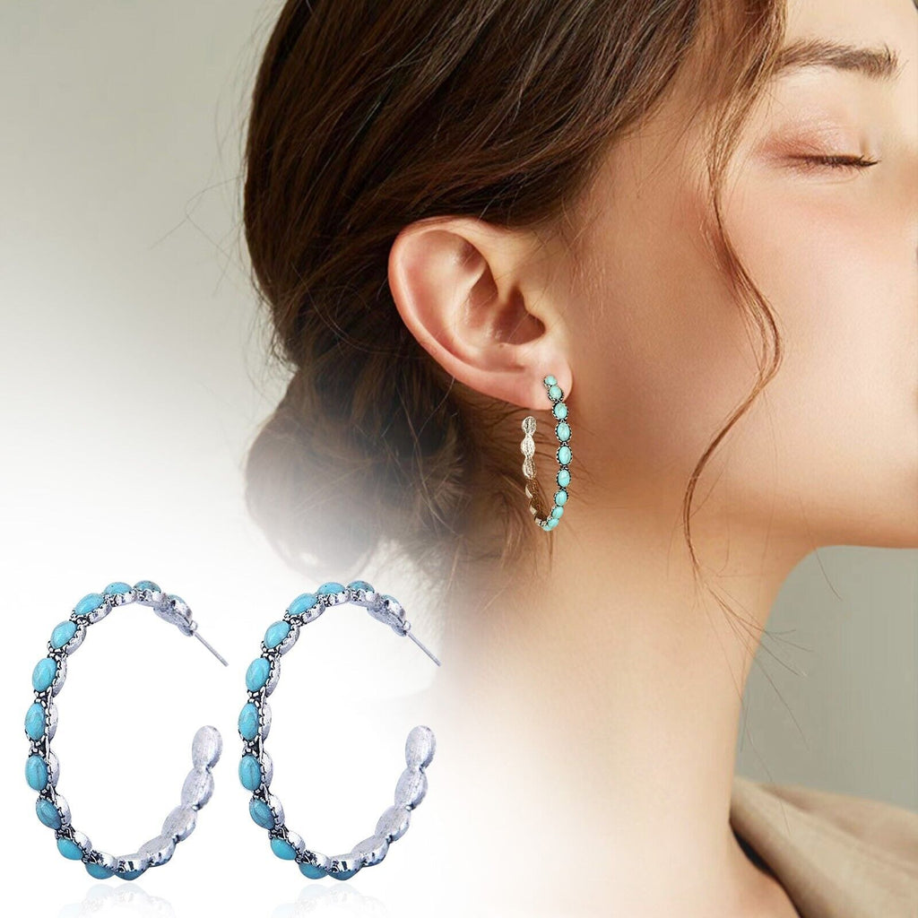 Ladies Large Big Sterling Silver Turquoise Beads Circle Hoop Stud Earring