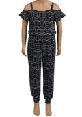 Girls Black & White Jersey Off Shoulder Strappy Elasticated Waist Jumpsuit