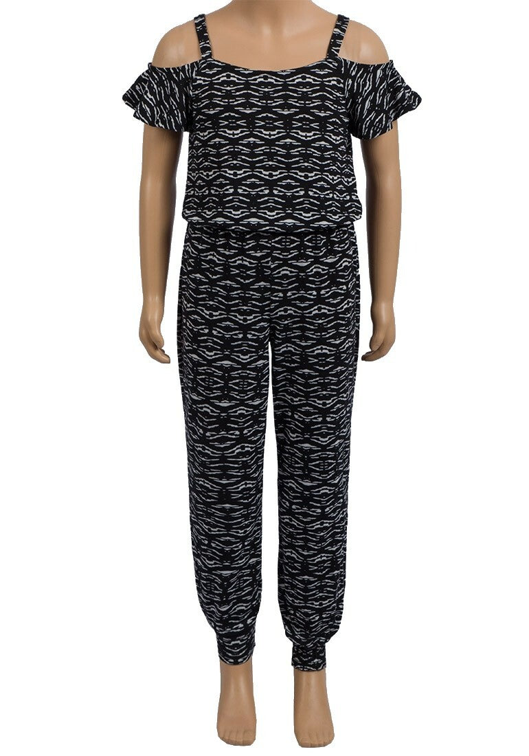 Girls Black & White Jersey Off Shoulder Strappy Elasticated Waist Jumpsuit