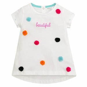 Girls MiniKidz White Multicolored Pom Pom Pure Cotton Top