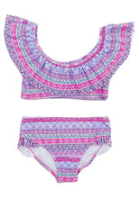 Load image into Gallery viewer, Girls Minoti Pink &amp; Purple Aztec Print Bikini 2 Piece Swimming Costumes
