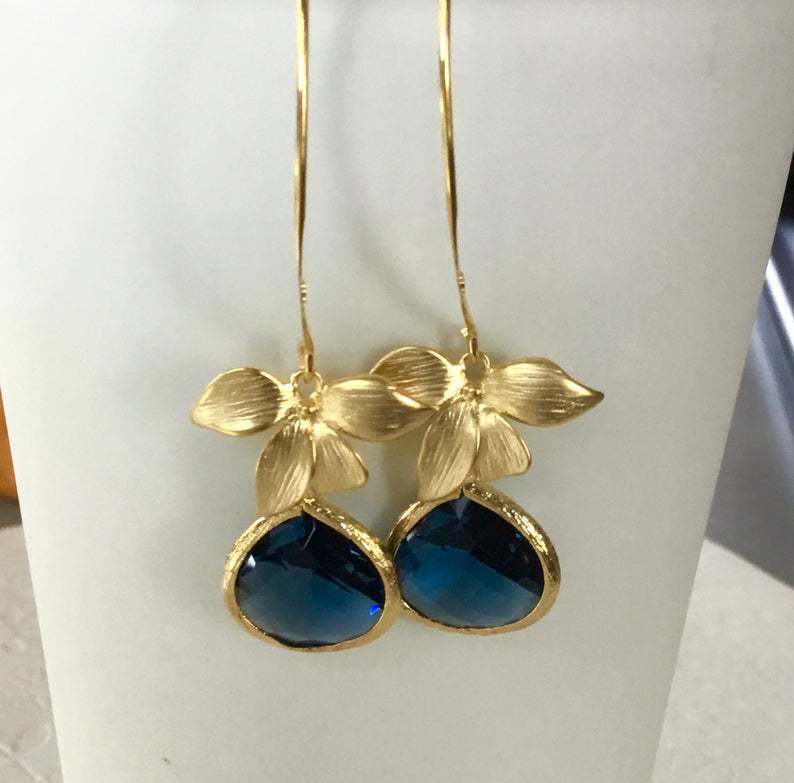 Ladies Gold Plated Blue Stone Blooming Flower Hook Dangling Drop Earrings
