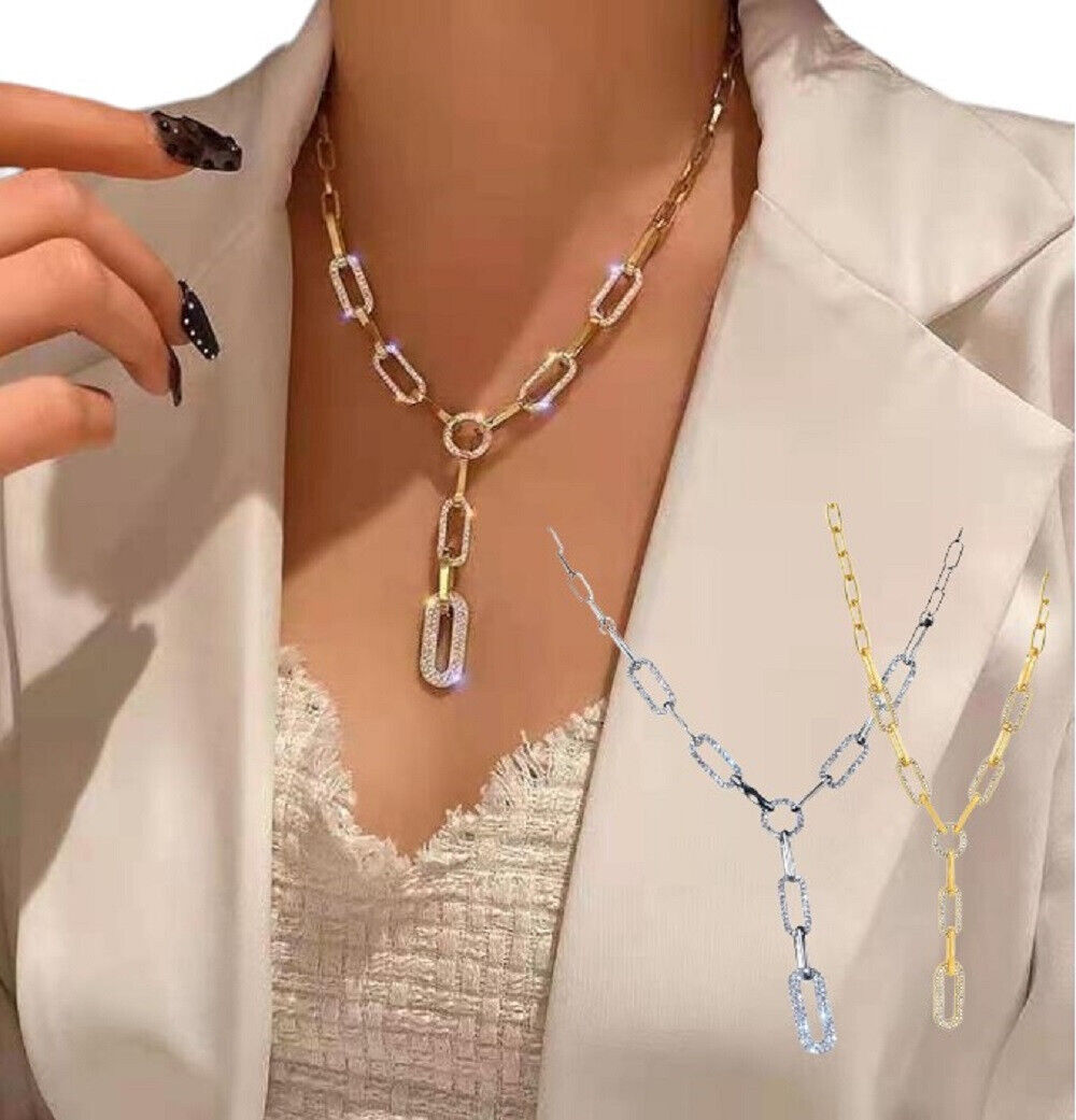 Ladies Gold Silver Long Link Chain Rectangular Crystal Drop Pendant Necklace