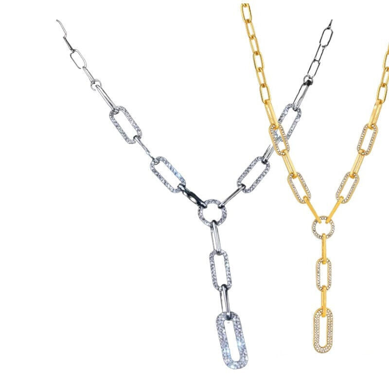 Ladies Gold Silver Long Link Chain Rectangular Crystal Drop Pendant Necklace