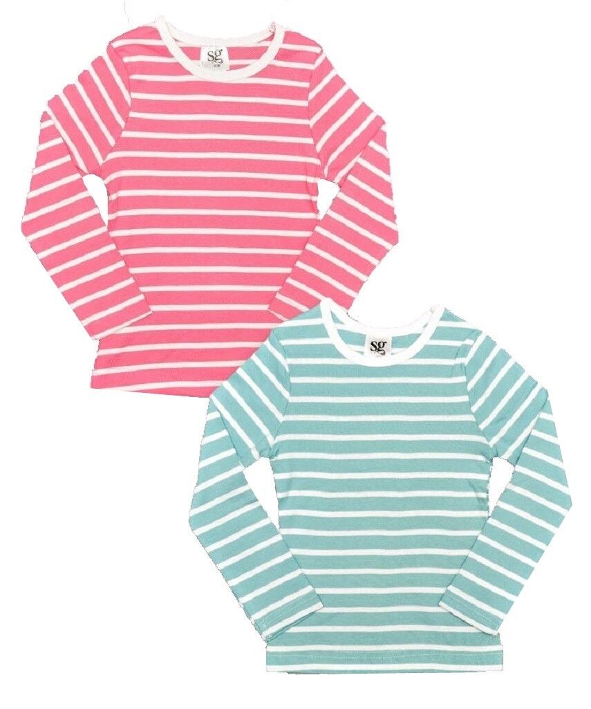 Girls Pink Green & White Stripes Long Sleeve Cotton Tunic Top