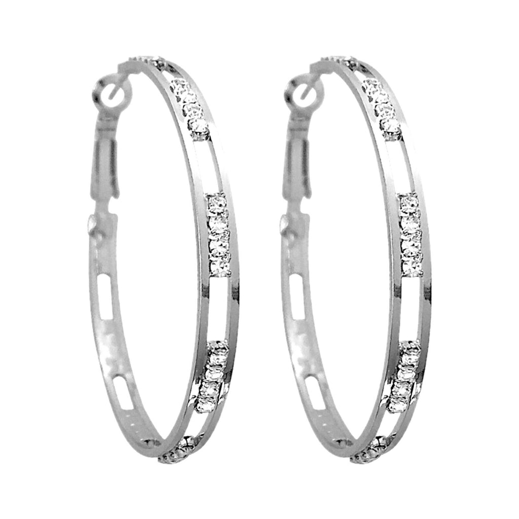 Ladies Big Silver Plated Cutout Circle Crystal Round Hoop Earrings